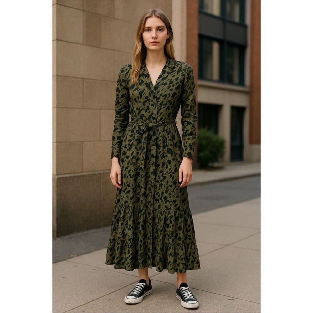 NWT RAILS Beatrice Long Sleeve Shirtdress Olive Watercolor Leopard Women’s Small